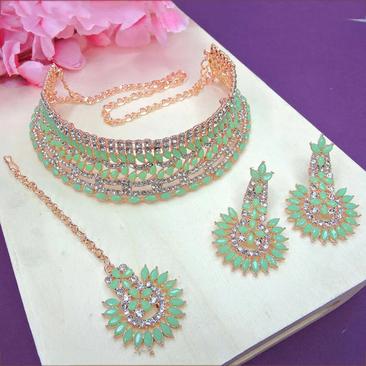 Alloy Choker Necklace Set In Sea Green Colour NS1250006