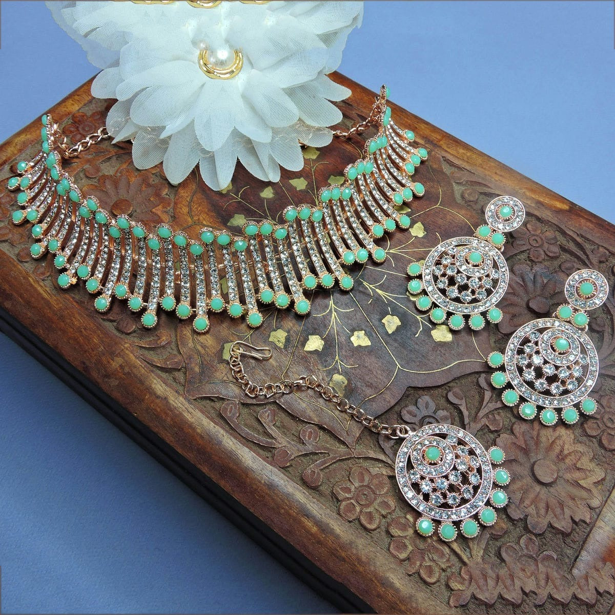 Alloy Choker Necklace Set In Sea Green Colour NS1250039