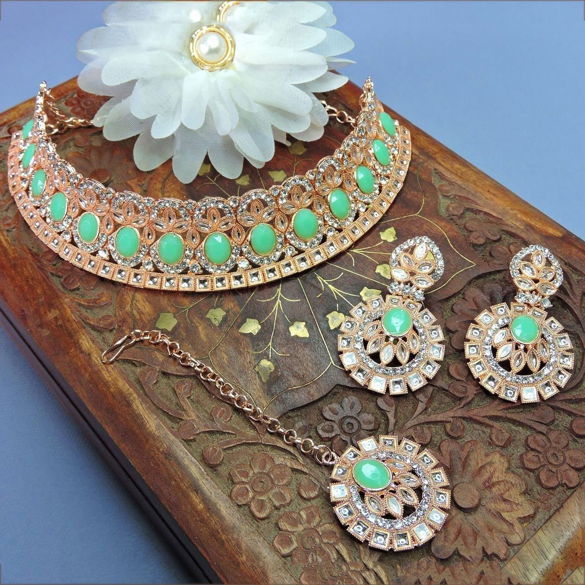 Alloy Choker Necklace Set In Sea Green Colour NS1250065