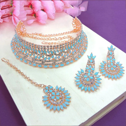 Alloy Choker Necklace Set In Sky Blue Colour NS1250002