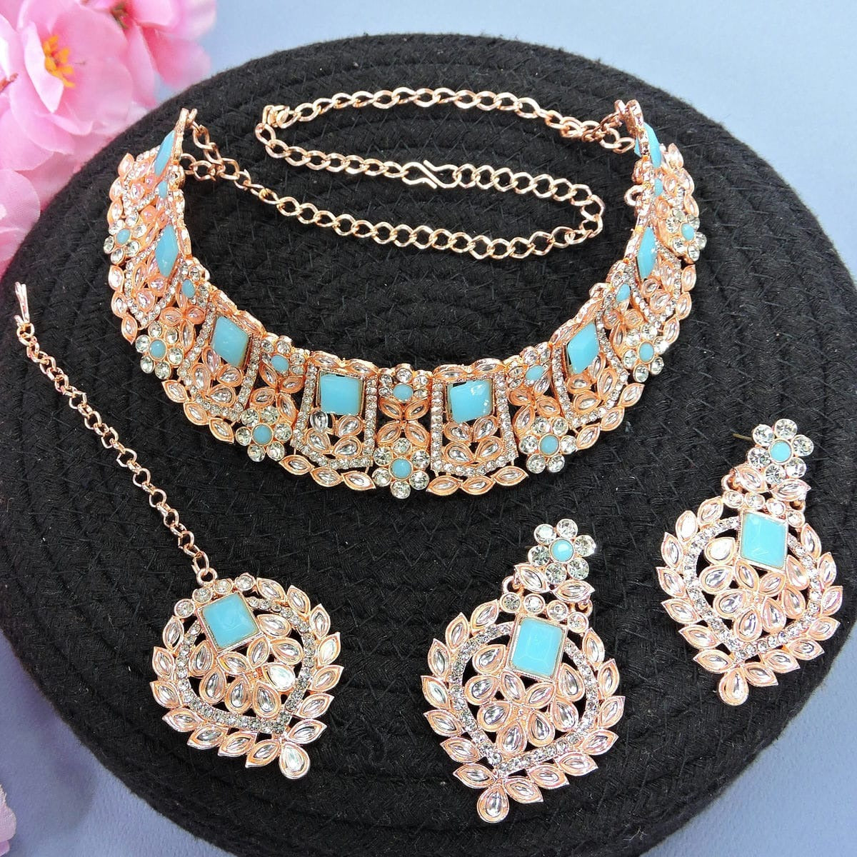 Alloy Choker Necklace Set In Sky Blue Colour NS1250017