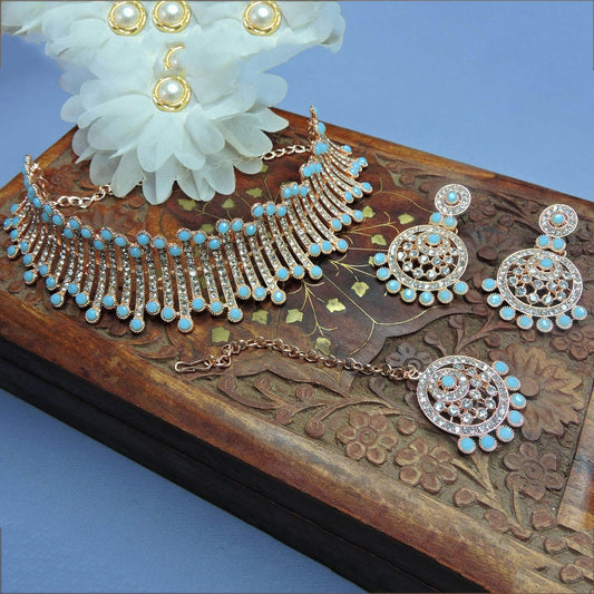 Alloy Choker Necklace Set In Sky Blue Colour NS1250035