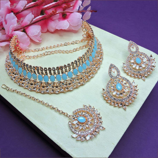 Alloy Choker Necklace Set In Sky Blue Colour NS1250048