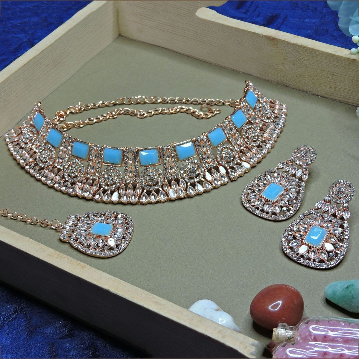 Alloy Choker Necklace Set In Sky Blue Colour NS1250074