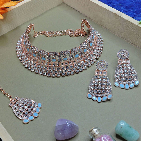 Alloy Choker Necklace Set In Sky Blue Colour NS1250087