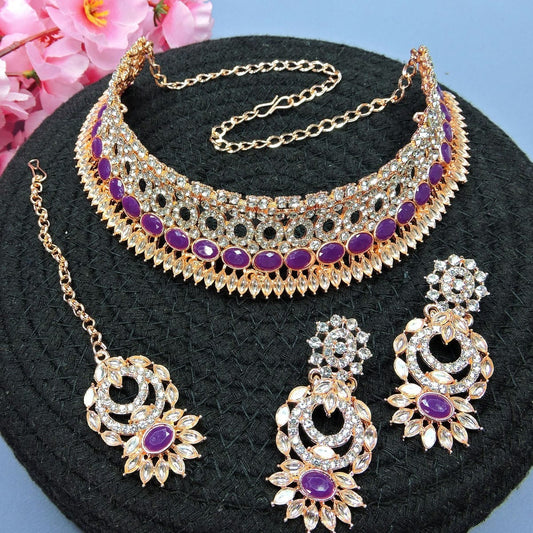 Alloy Choker Necklace Set In Violet Colour NS1250120