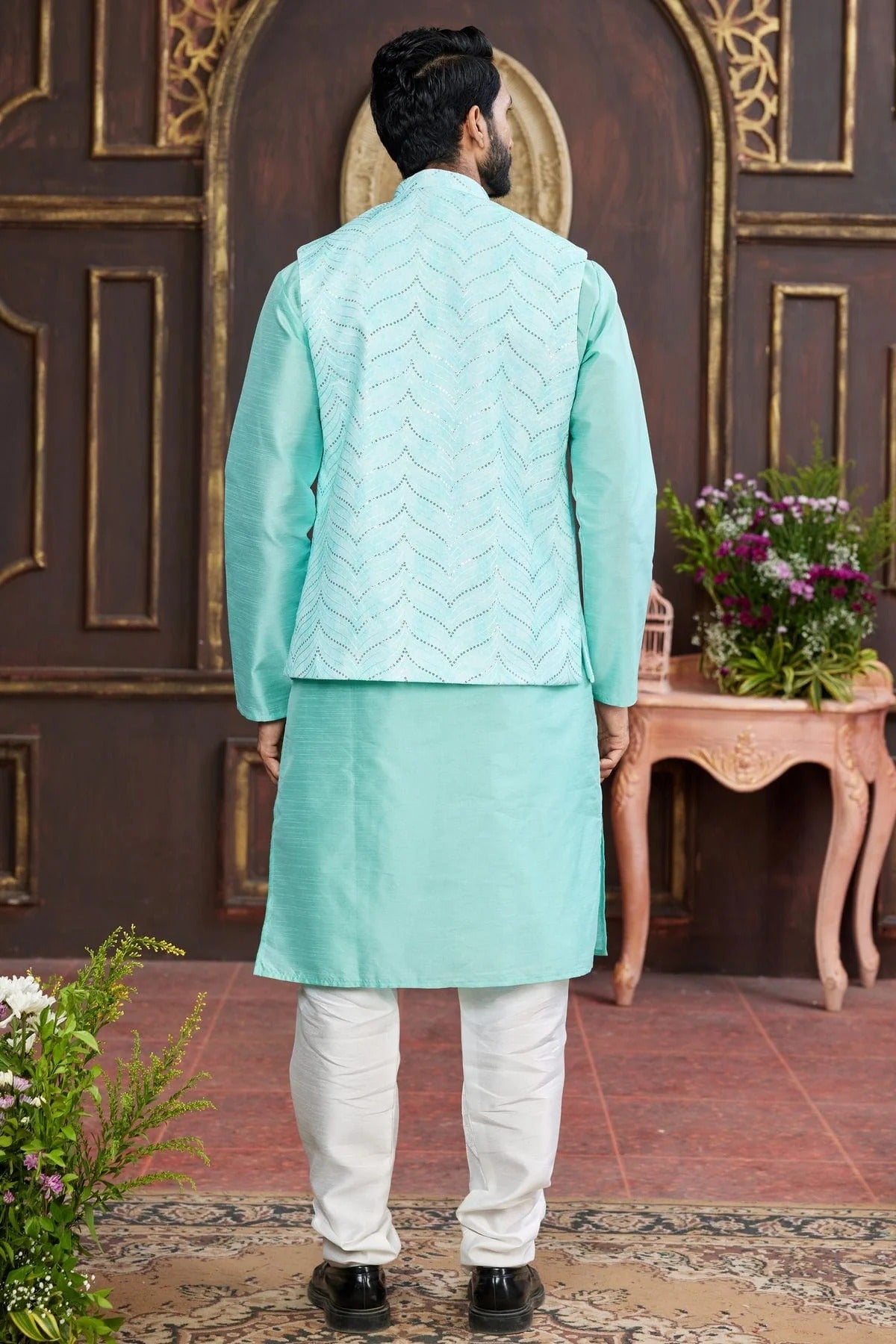 Aqua Blue Colour Art Silk Kurta Pajama With Jacket KP1230265 A