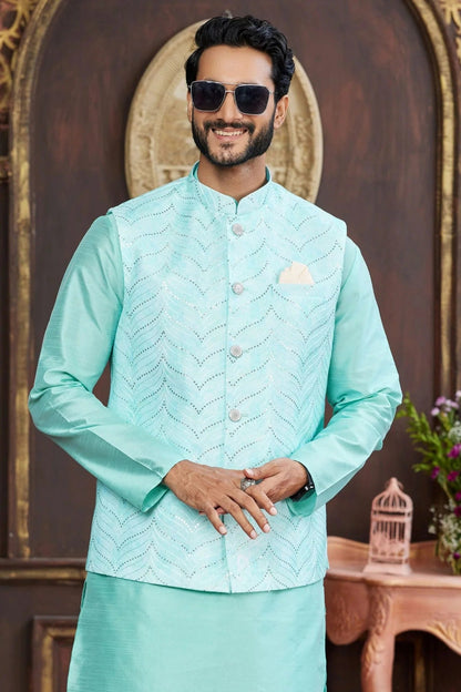 Aqua Blue Colour Art Silk Kurta Pajama With Jacket KP1230265 B