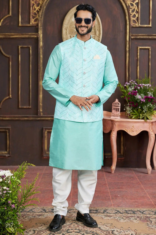Aqua Blue Colour Art Silk Kurta Pajama With Jacket KP1230265