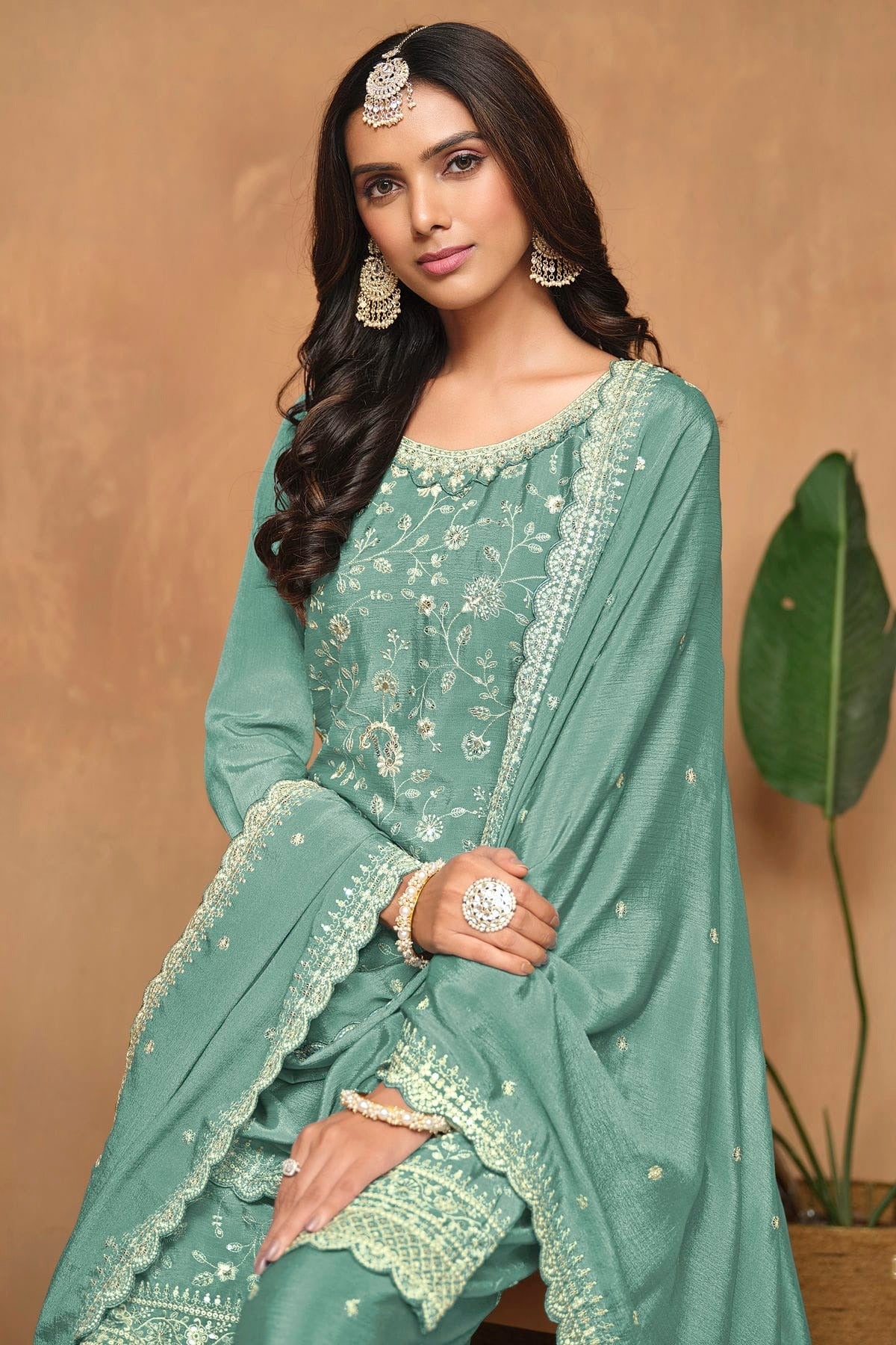 Aqua Blue Colour Chinon Palazzo Pant Suit SM1050582 A