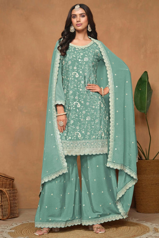 Aqua Blue Colour Chinon Palazzo Pant Suit SM1050582