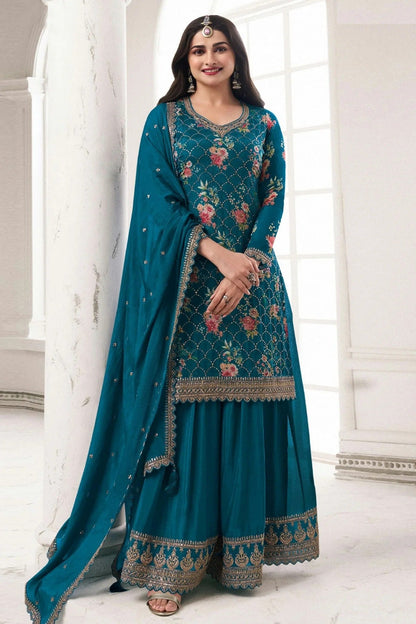 Aqua Blue Colour Chinon Sharara Suit SM1110672