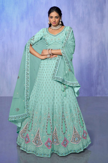 Aqua Blue Colour Embroidery Georgette Lehenga Choli LD1080732