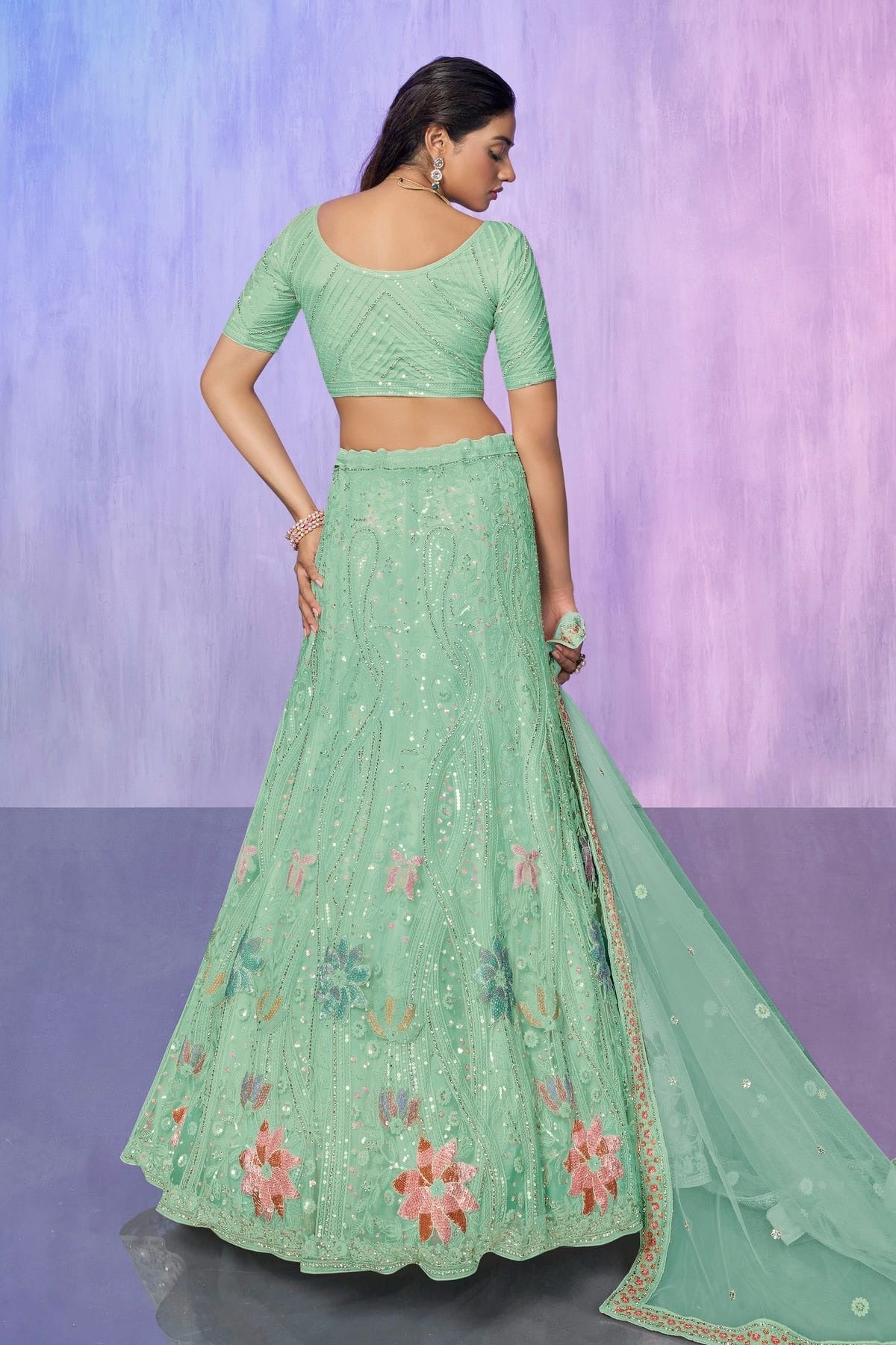 Aqua Blue Colour Embroidery Net Lehenga Choli LD1080741 A