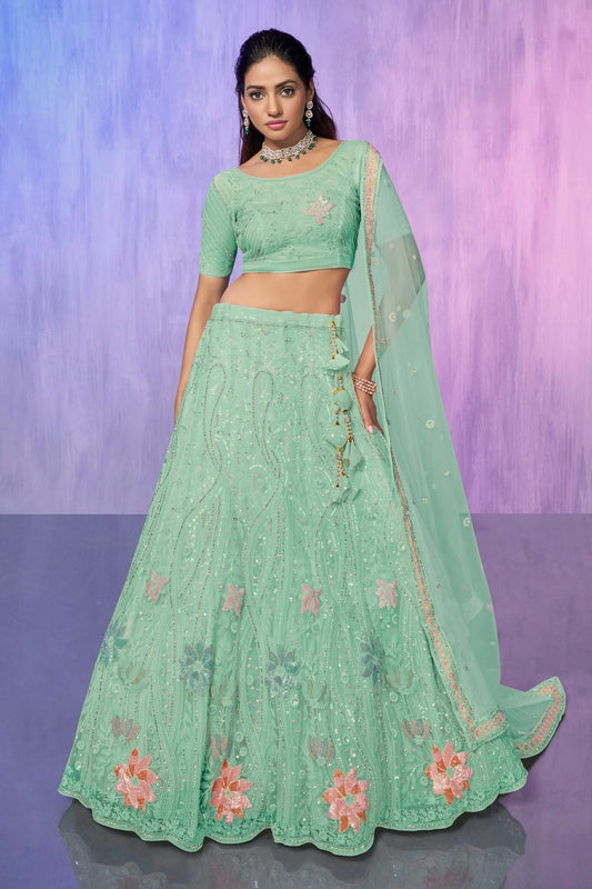 Aqua Blue Colour Embroidery Net Lehenga Choli LD1080741