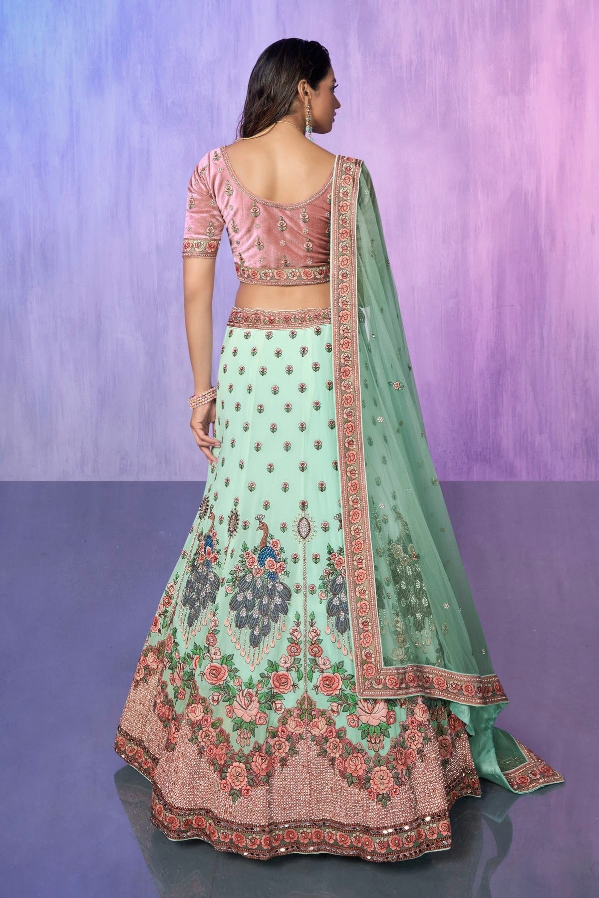 Aqua Blue Colour Embroidery Velvet Lehenga Choli LD1080734 A