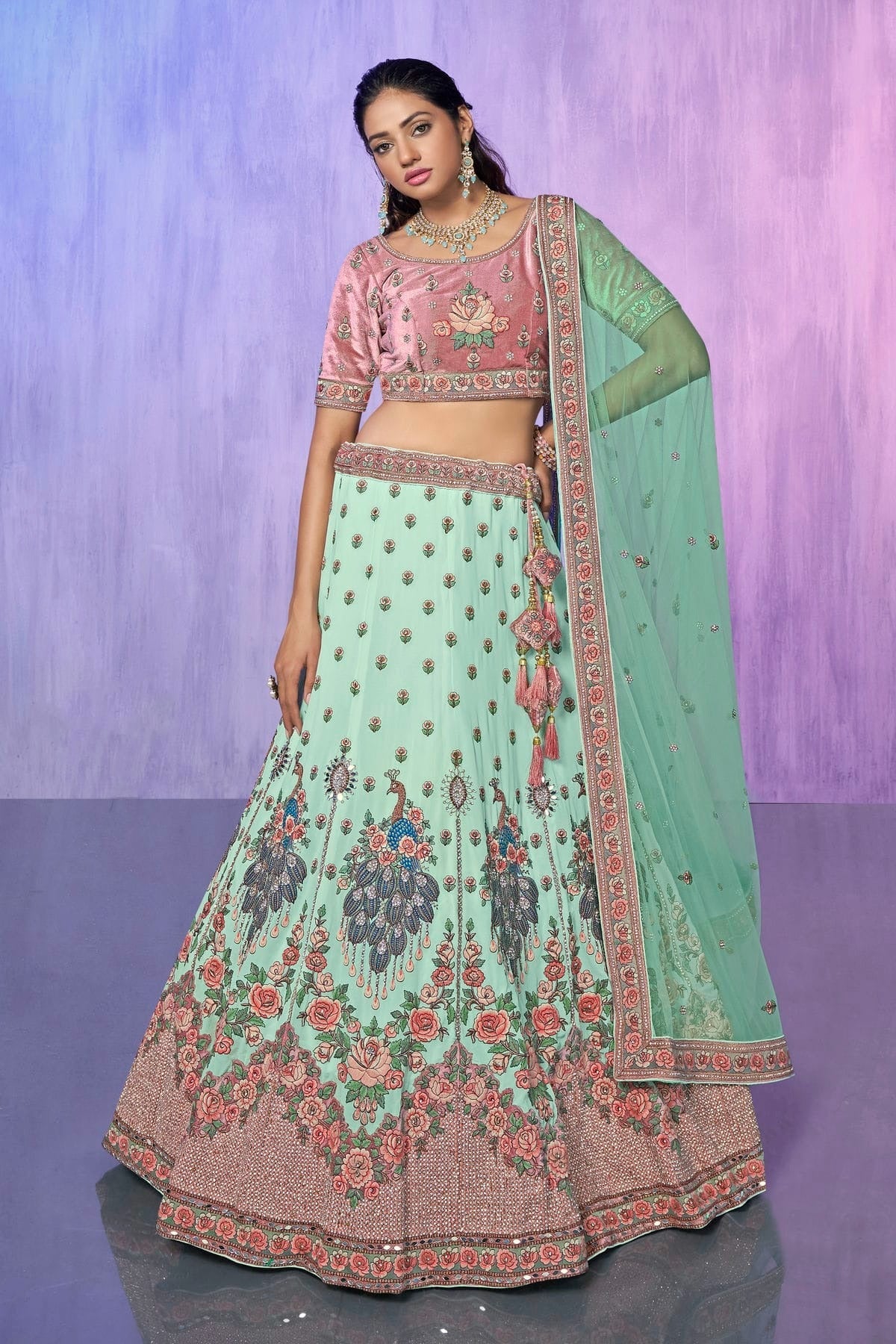 Aqua Blue Colour Embroidery Velvet Lehenga Choli LD1080734