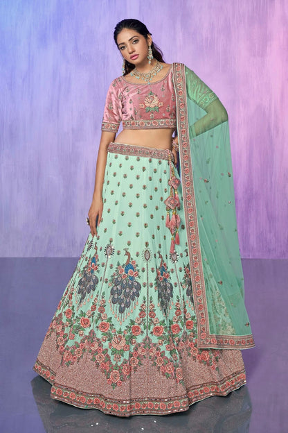 Aqua Blue Colour Embroidery Velvet Lehenga Choli LD1080734