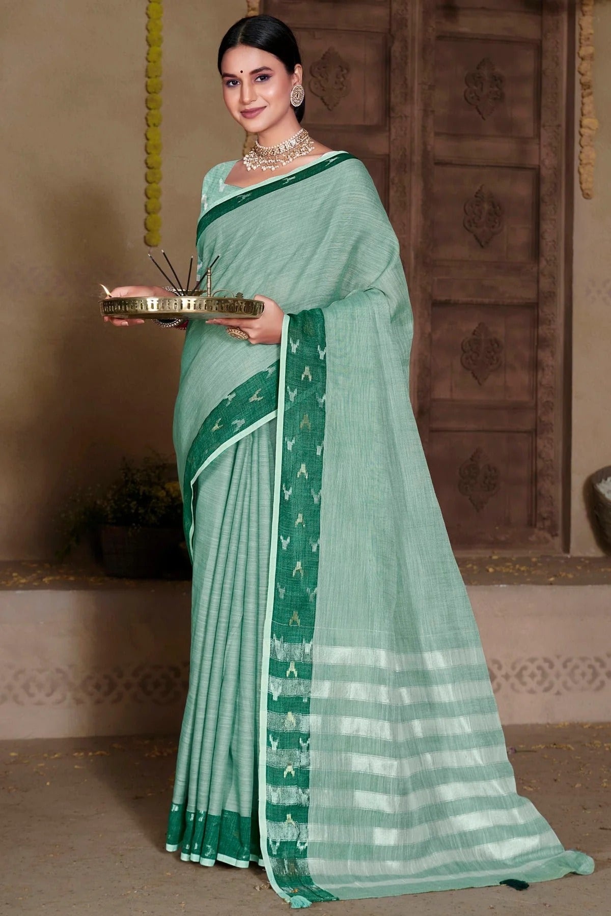Aqua Blue Colour Embroidery Work Linen Saree SD1101554
