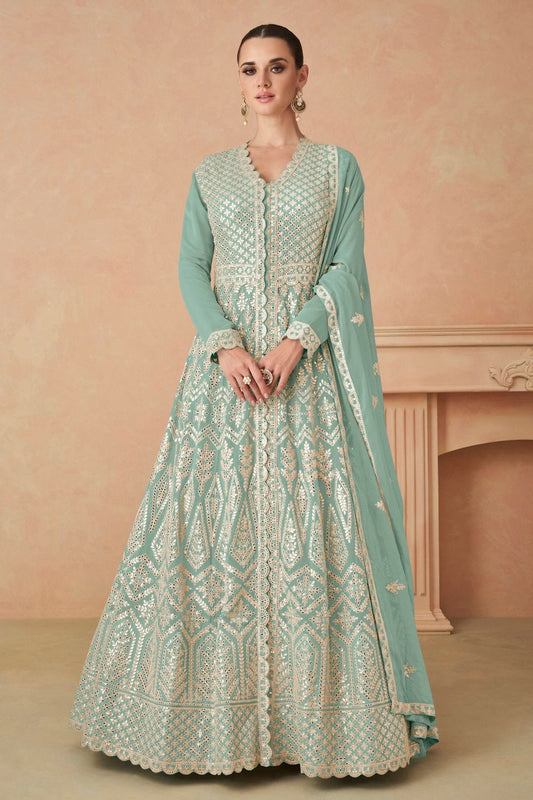 Aqua Blue Colour Faux Georgette Anarkali Suit SM1140110