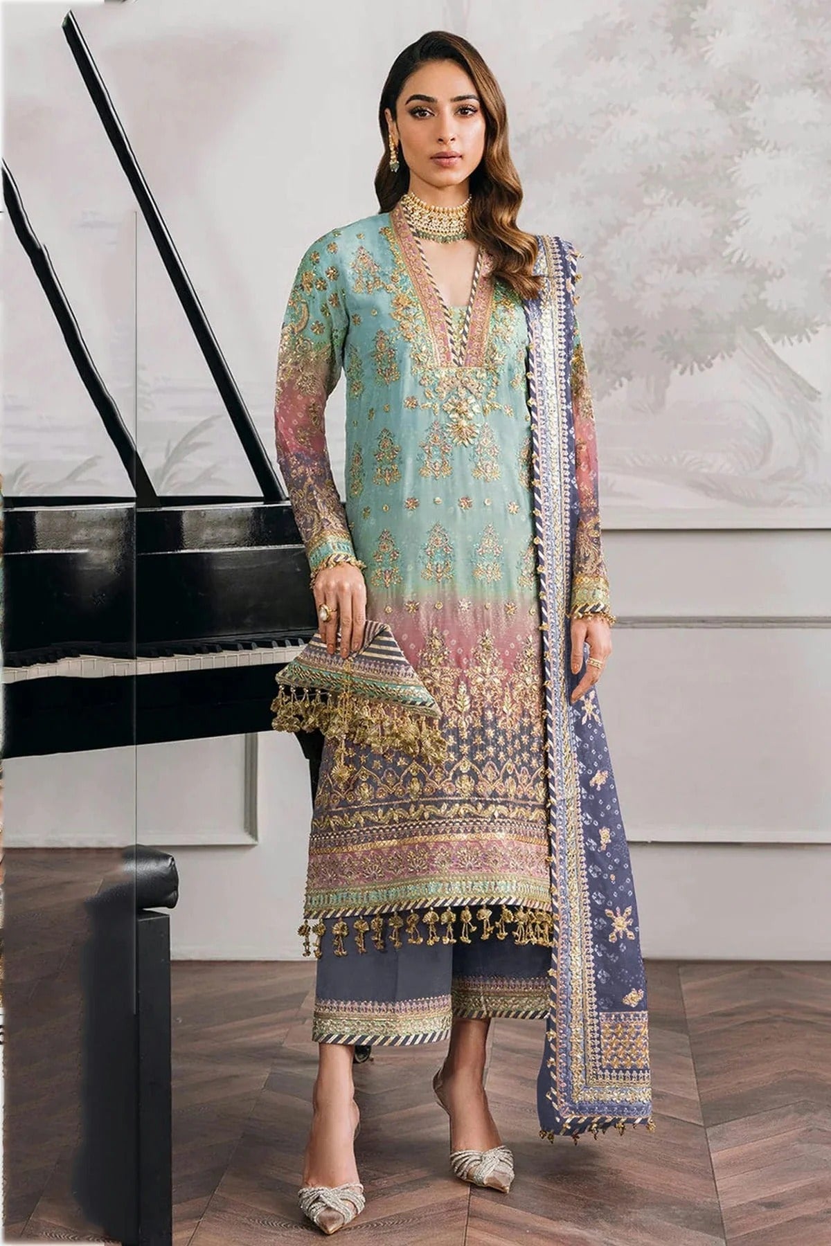 Aqua Blue Colour Faux Georgette Semi Stitched Pakistani Suit SM1140482