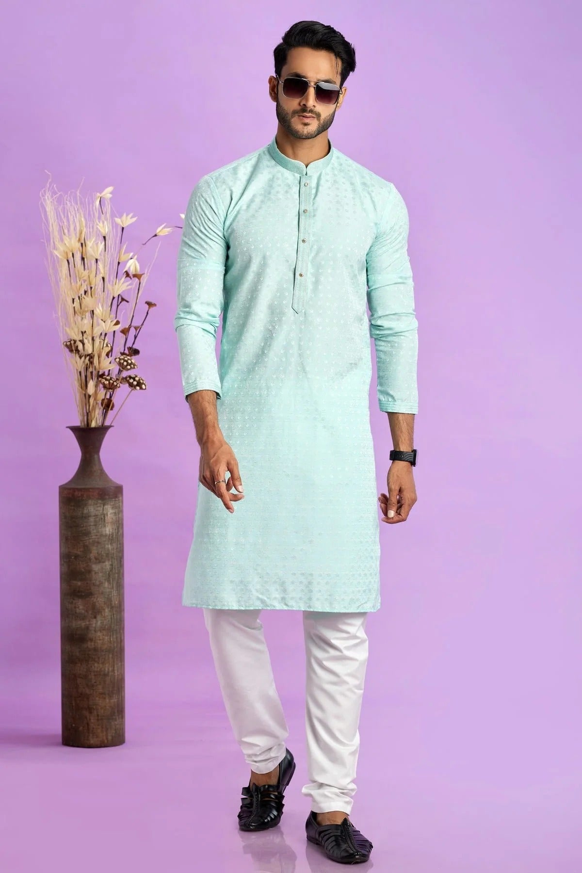 Aqua Blue Colour Jacquard Art Silk Pintex Work Kurta Pajama KP1230197 A