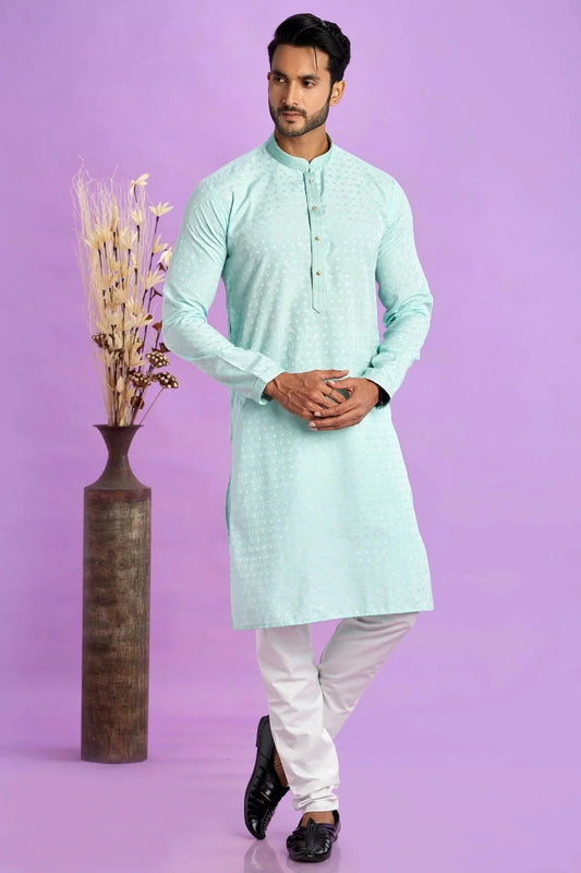Aqua Blue Colour Jacquard Art Silk Pintex Work Kurta Pajama KP1230197