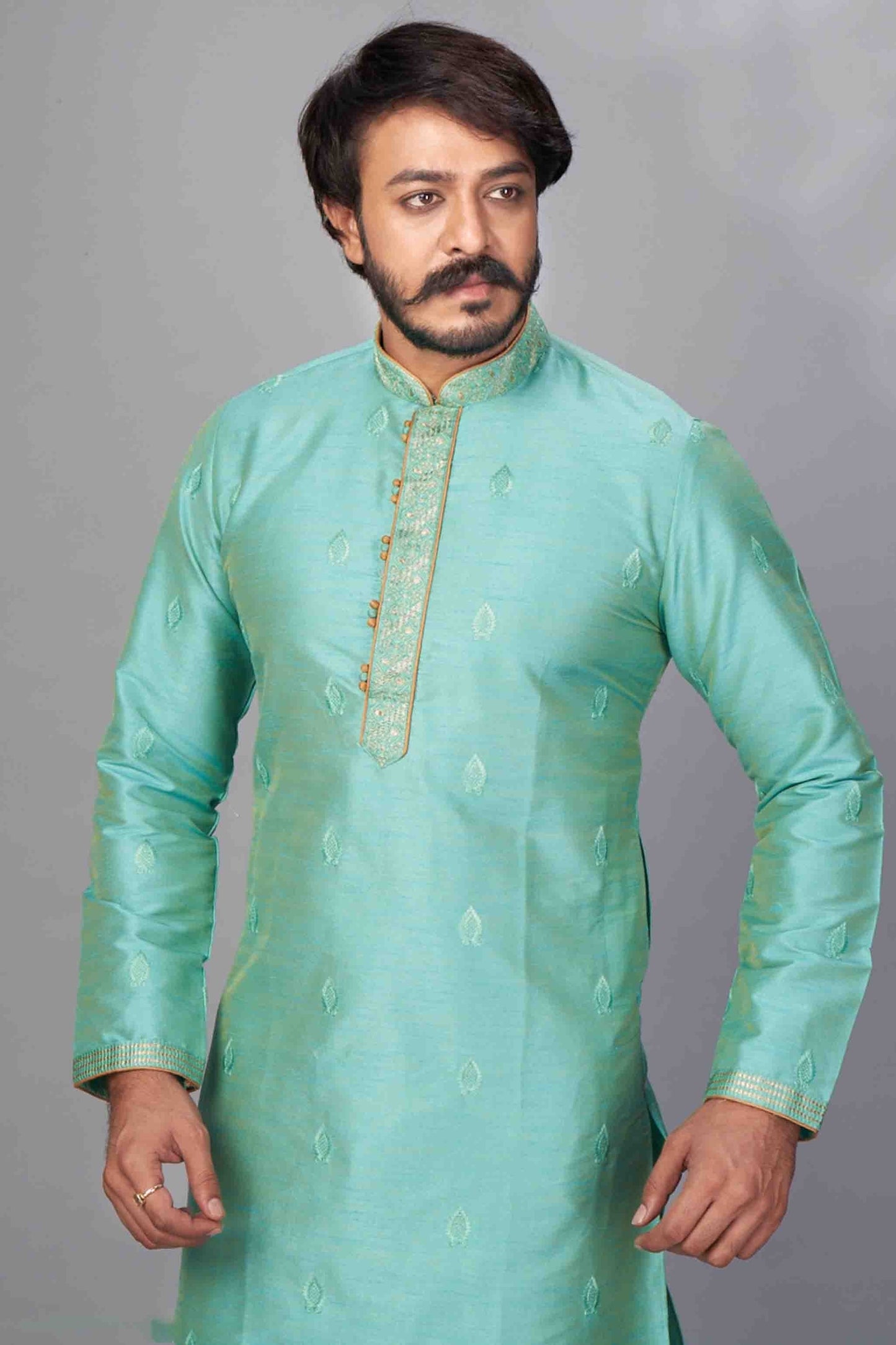 Aqua Blue Colour Kurta Pajama In Jacquard Silk KP1210052 A