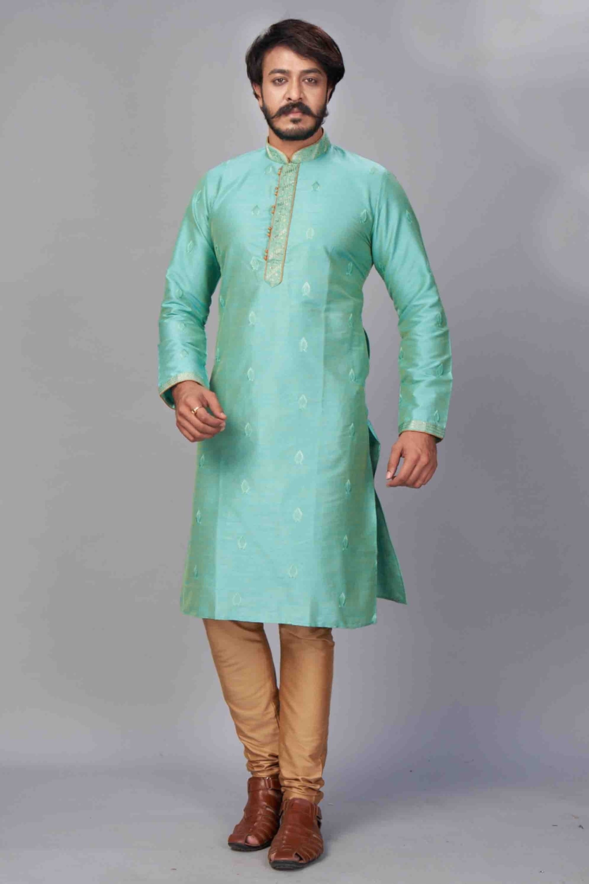 Aqua Blue Colour Kurta Pajama In Jacquard Silk KP1210052