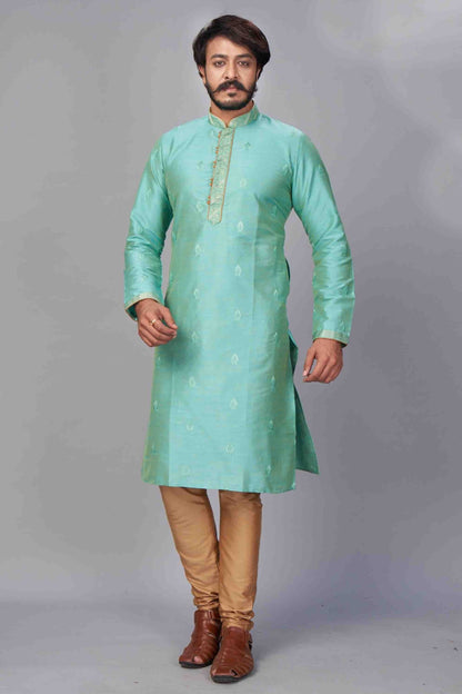 Aqua Blue Colour Kurta Pajama In Jacquard Silk KP1210052