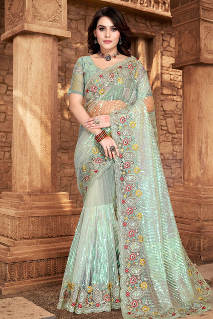 Aqua Blue Colour Net Designer Saree LC1121332