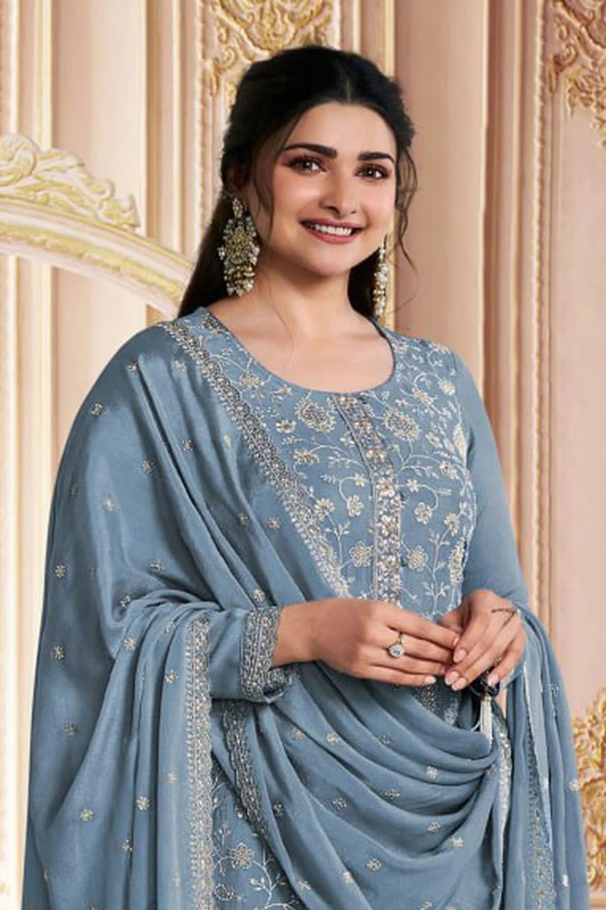 Aqua Blue Colour Semi Stitched Chinon Silk Pant Style Suit SM1140211 A