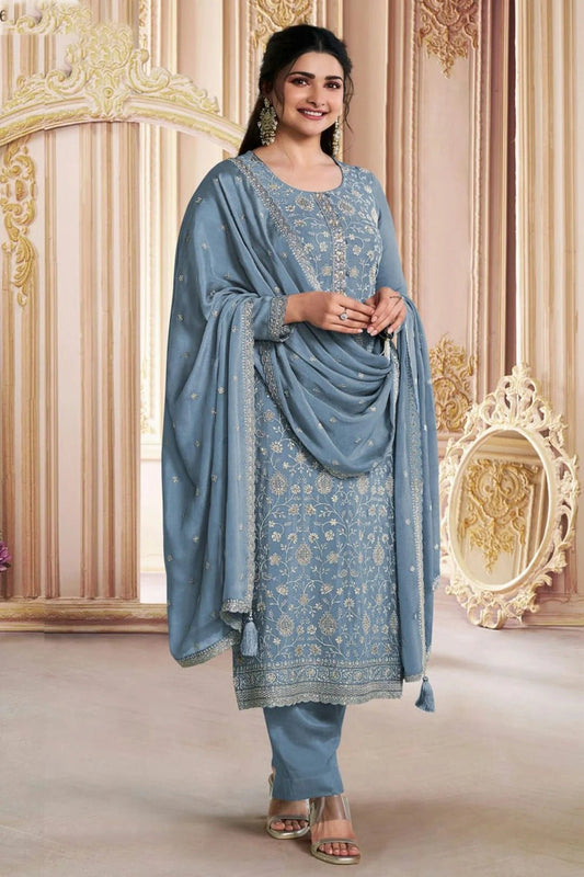 Aqua Blue Colour Semi Stitched Chinon Silk Pant Style Suit SM1140211