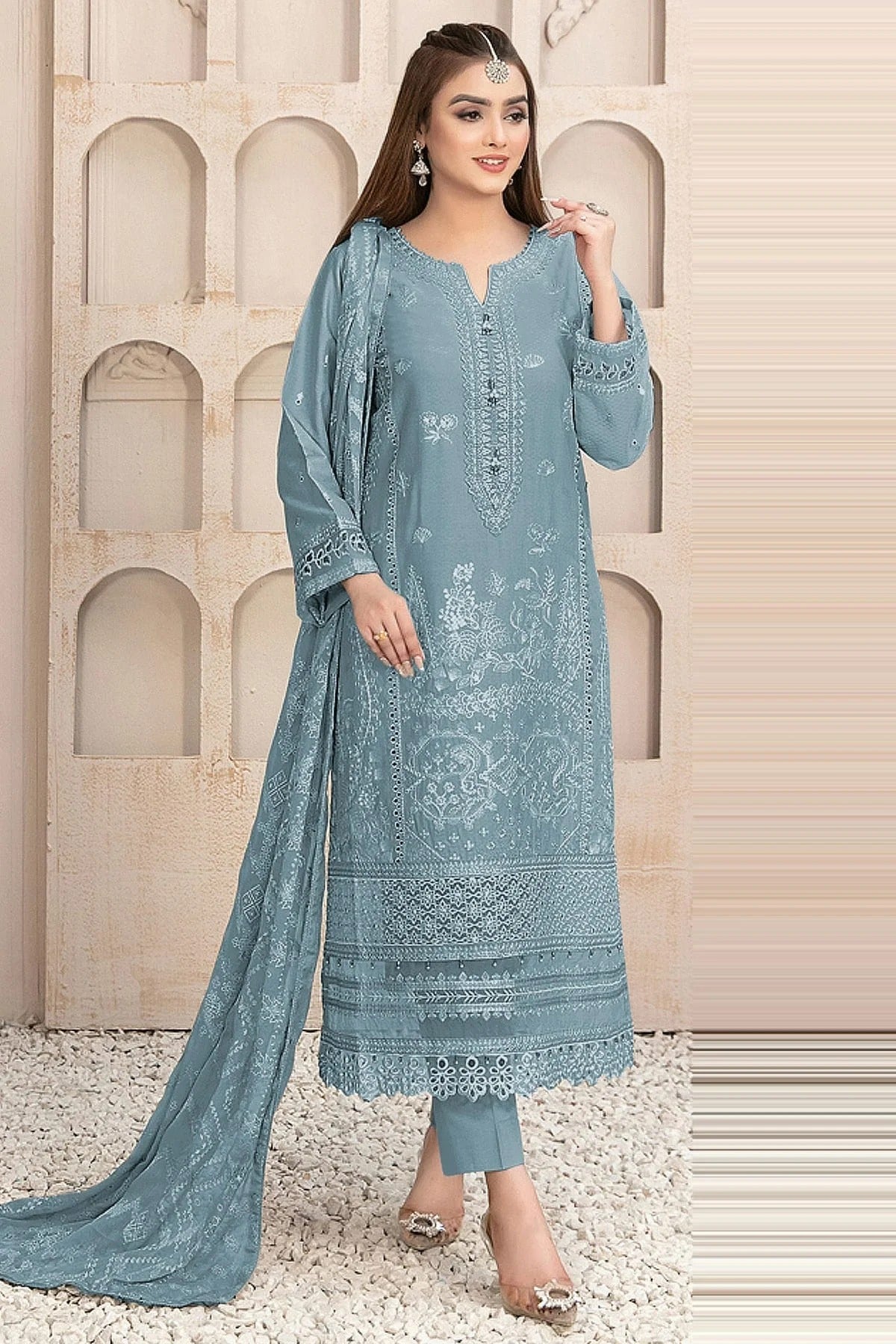 Aqua Blue Colour Semi Stitched Faux Georgette Pakistani Suit SM1140187