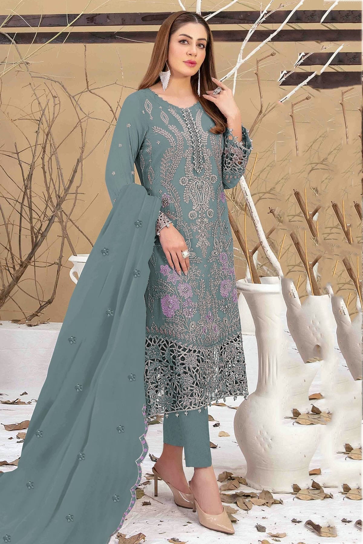 Aqua Blue Colour Semi Stitched Faux Georgette Pakistani Suit SM1140344