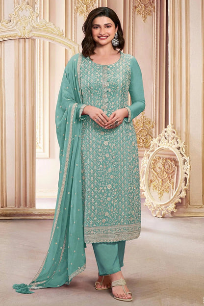 Aqua Blue Colour Semi Stitched Faux Georgette Pant Style Suit SM1140284