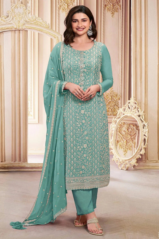 Aqua Blue Colour Semi Stitched Faux Georgette Pant Style Suit SM1140284