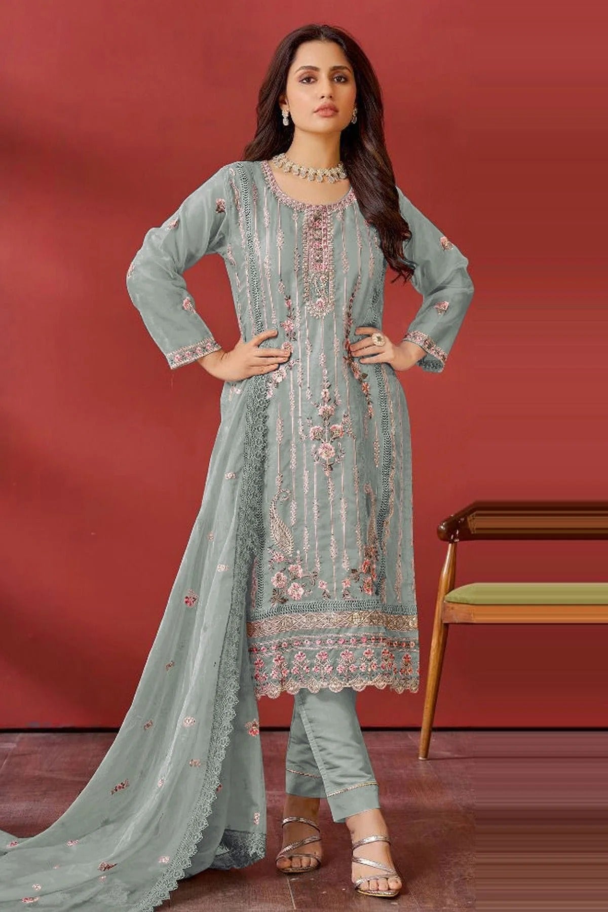 Aqua Blue Colour Semi Stitched Organza Pakistani Suit SM1140170
