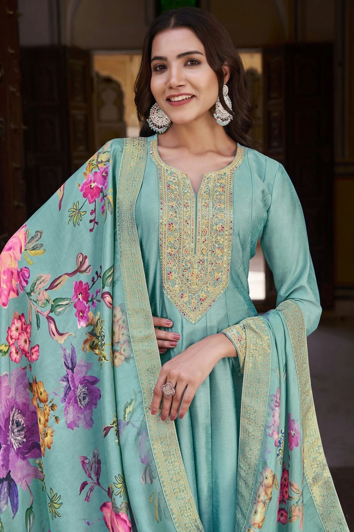 Aqua Blue Colour Semi Stitched Silk Anarkali Suit SM1140246 A