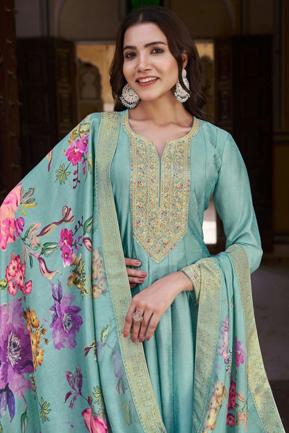 Aqua Blue Colour Semi Stitched Silk Anarkali Suit SM1140246 A
