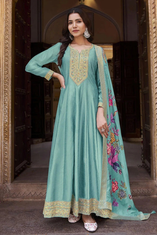 Aqua Blue Colour Semi Stitched Silk Anarkali Suit SM1140246