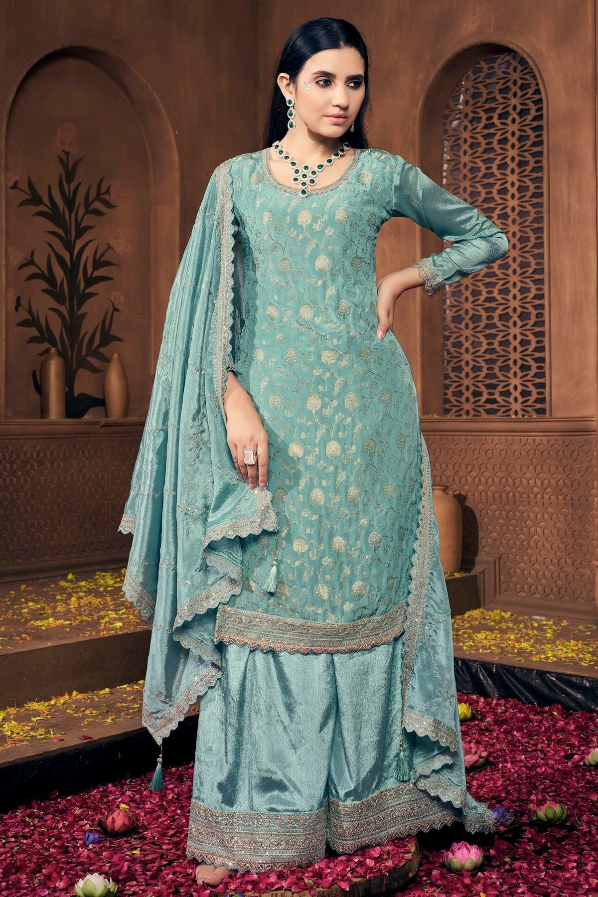 Aqua Blue Colour Semi Stitched Viscose Chinon Palazzo Pant Suit SM1140293