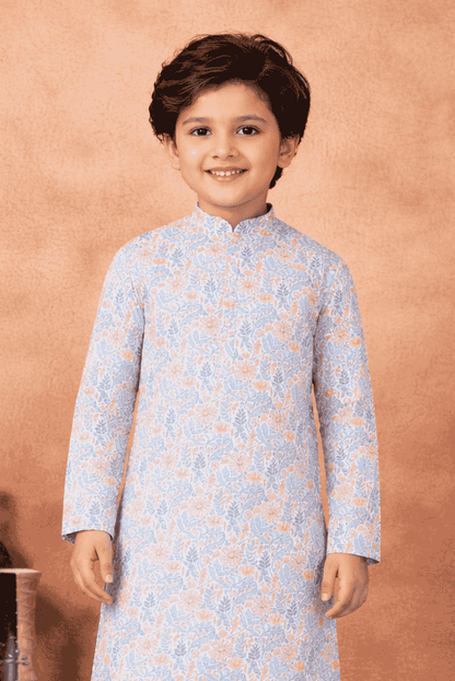 Art Silk Blue Colour Pintux Work Kids Kurta Pajama