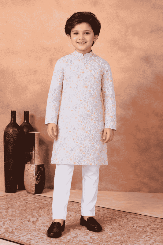 Art Silk Blue Colour Pintux Work Kids Kurta Pajama