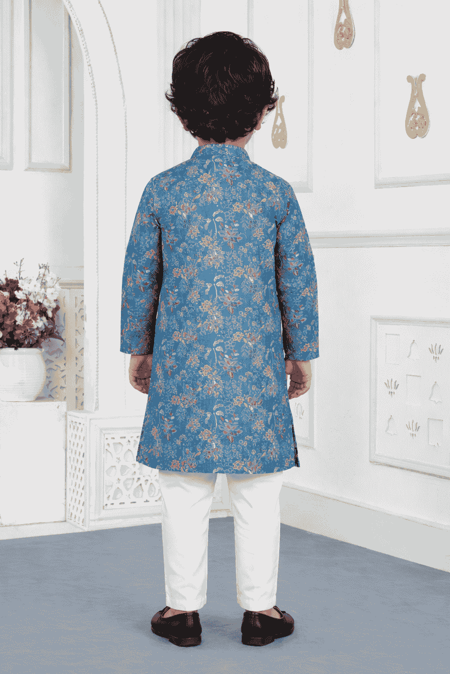 Art Silk Blue Colour Pintux Work Kids Kurta Pajama