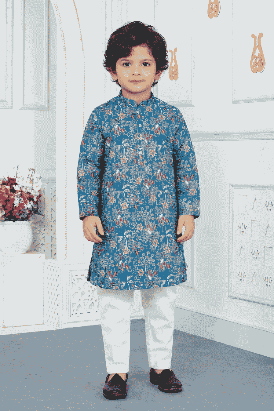 Art Silk Blue Colour Pintux Work Kids Kurta Pajama