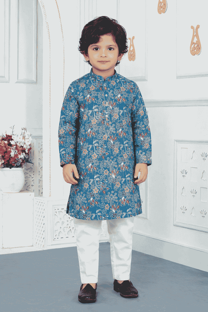 Art Silk Blue Colour Pintux Work Kids Kurta Pajama