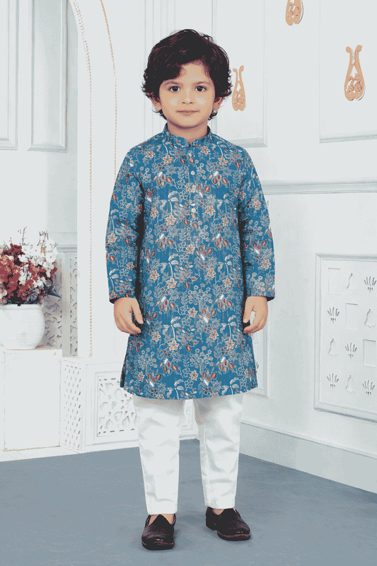 Art Silk Blue Colour Pintux Work Kids Kurta Pajama
