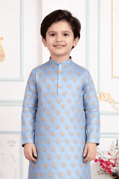 Art Silk Blue Colour Pintux Work Kids Kurta Pajama