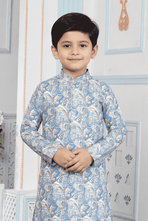 Art Silk Blue Colour Pintux Work Kids Kurta Pajama